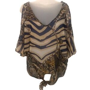 Paradise Resort Wear cold shoulder Sheer Blouse animal chain stripe print size L